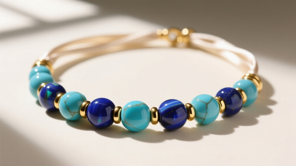 Macro shot of a luxury kandi necklace using polished lapis lazuli and turquoise beads with gold-filled spacers on a silk thread.