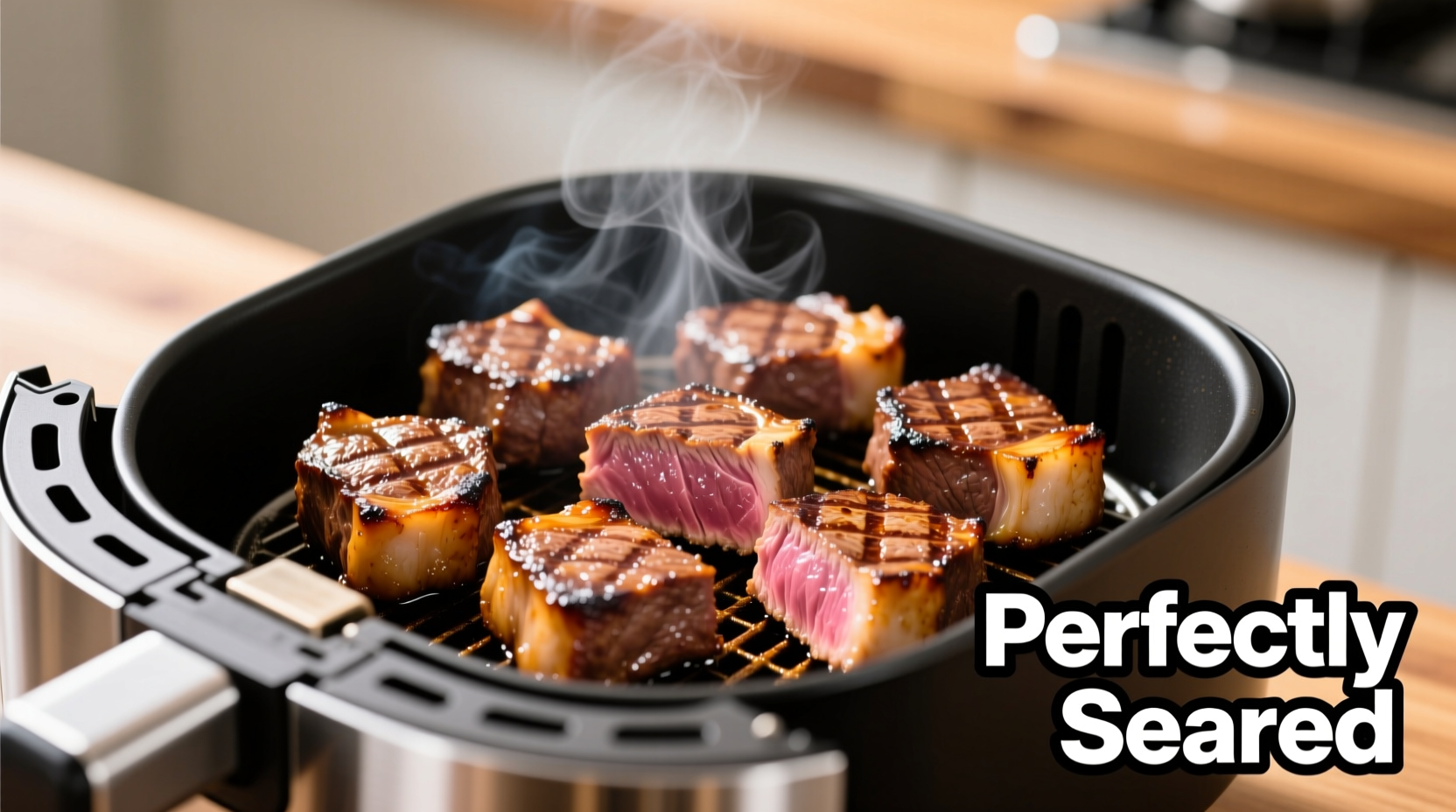 Perfectly seared steak bites in air fryer basket