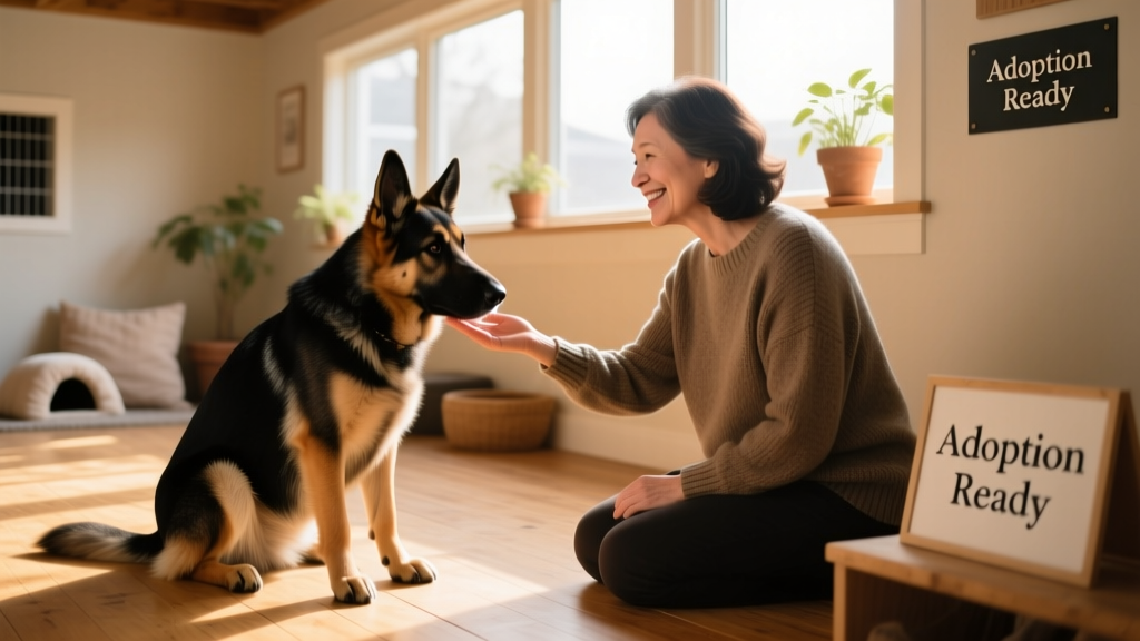 A German Shepherd interacting calmly with a potential adopter during a supervised meet-and-greet