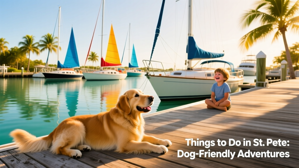 Sun-drenched marina in St. Petersburg with palm trees and boats, showing a relaxed coastal vibe