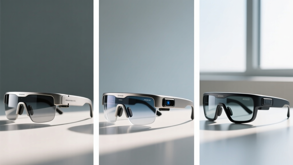 Side-by-side photograph of three enterprise AR glasses models showing differences in frame design and module accessibility