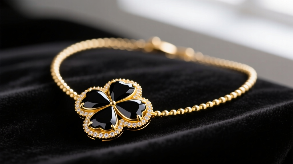 Macro shot of an 18k yellow gold and black onyx clover necklace on dark velvet, highlighting beaded gold edges and high polish.