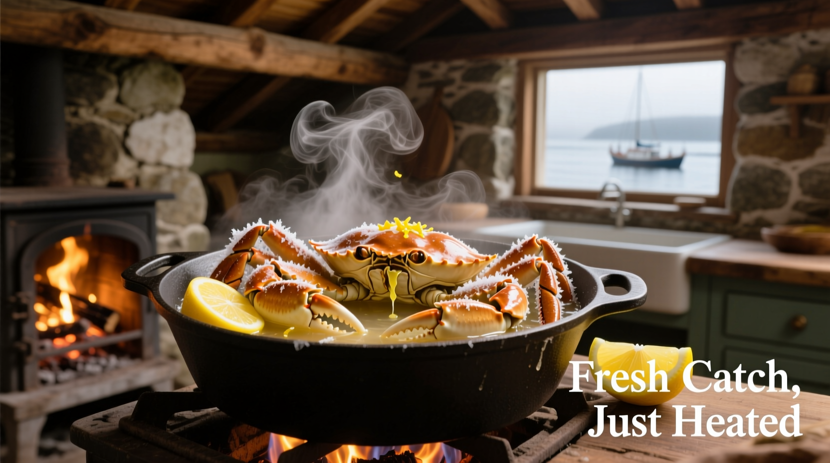 Steaming frozen crab legs in a pot with lemon