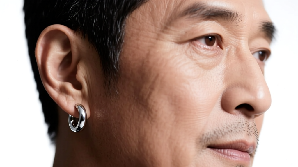 Close-up of a man wearing a 12mm polished sterling silver hoop earring in his left lobe under soft studio lighting, sharp focus.