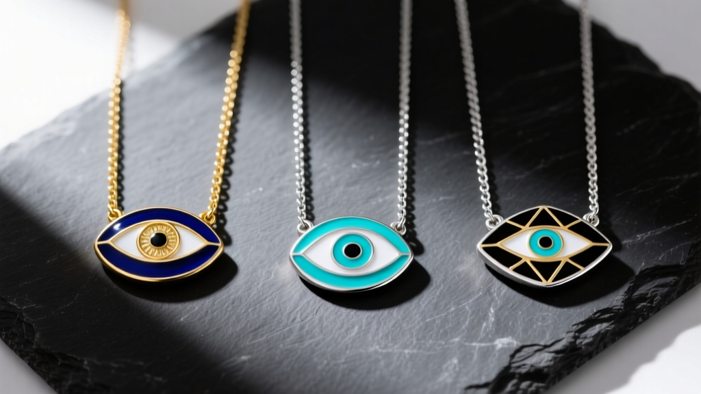 Flat lay of three modern evil eye necklaces with vitreous enamel on 18k gold, sterling silver, and platinum chains on dark slate.