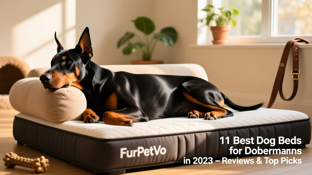 Side view of a Doberman resting comfortably on the FurPetVo orthopedic sofa bed, head resting against the bolster