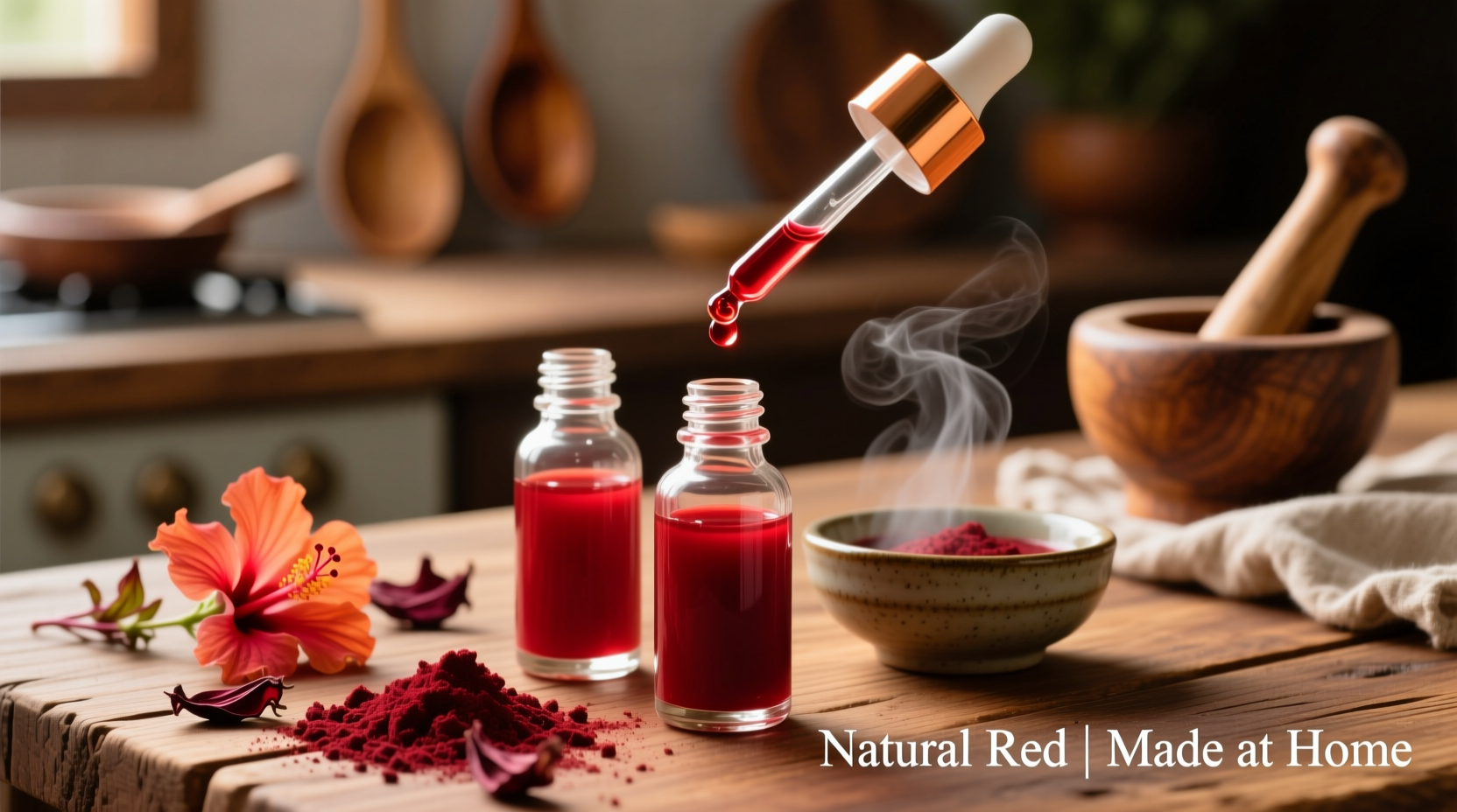Homemade red food coloring in glass droppers