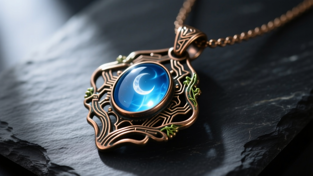 Macro shot of an intricate bronze Necklace of Adaptation pendant with a glowing blue resin cabochon resting on dark slate.