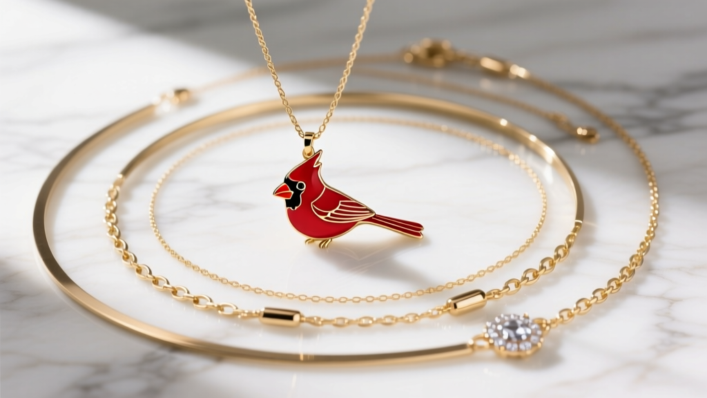 Flat lay of layered gold necklaces with a red enamel cardinal pendant on a delicate cable chain, resting on white marble surface.