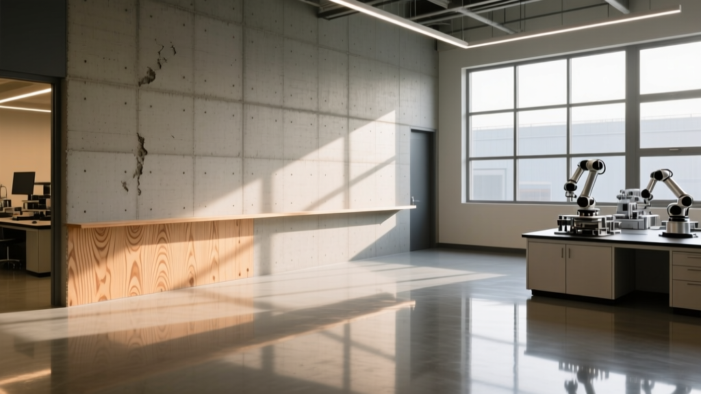 Tactile board-formed concrete walls in a school maker space transitioning to sleek polished concrete floors in a high-tech robotics lab