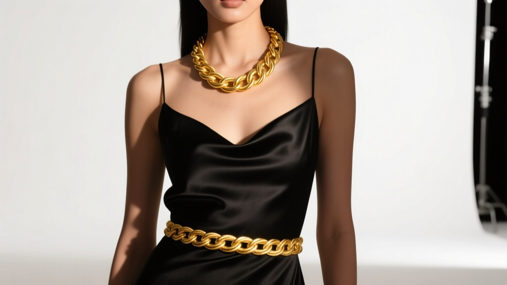 Model wearing a 14k yellow gold belly necklace over a black silk dress, showing the rope chain texture under warm studio lighting.