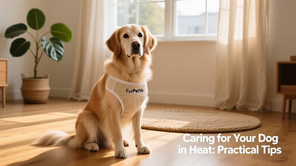 Female dog wearing a comfortable, well-fitted FurPetVo dog diaper indoors