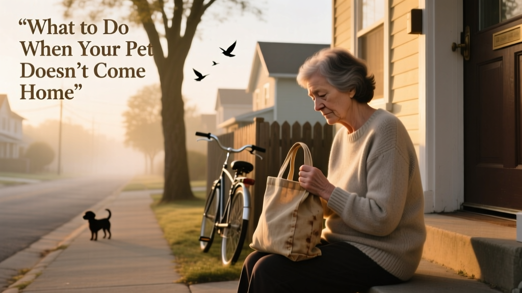 A person sitting peacefully on their front step at sunrise, holding a treat bag and looking gently down the street