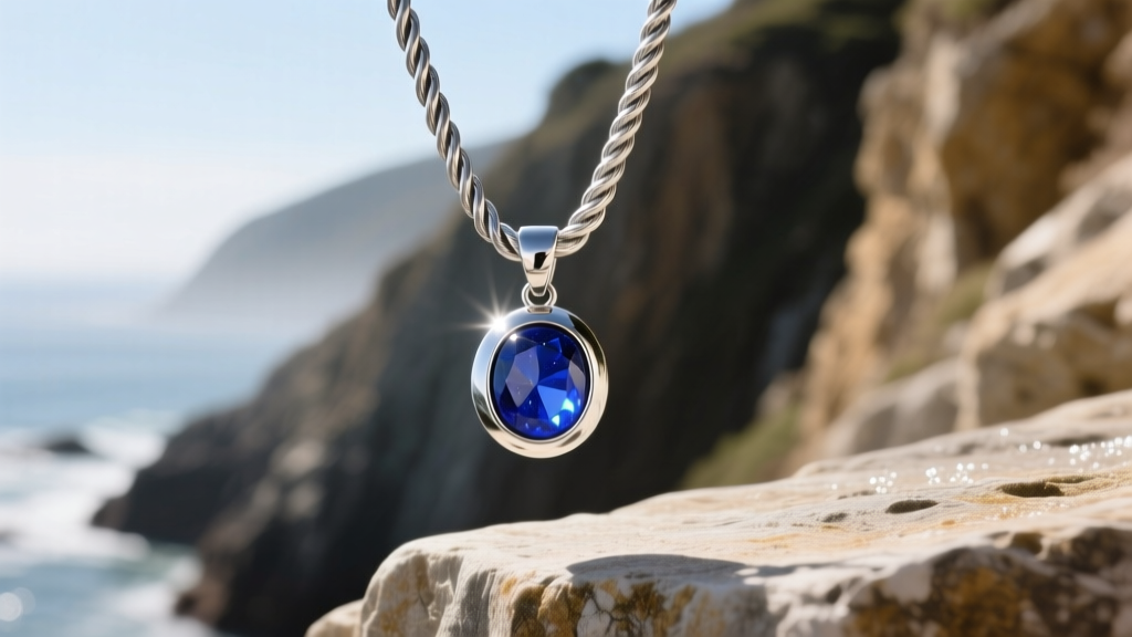 A rugged 316L steel rope chain featuring a bezel-set lapis lazuli pendant, photographed outdoors in bright, natural sunlight.