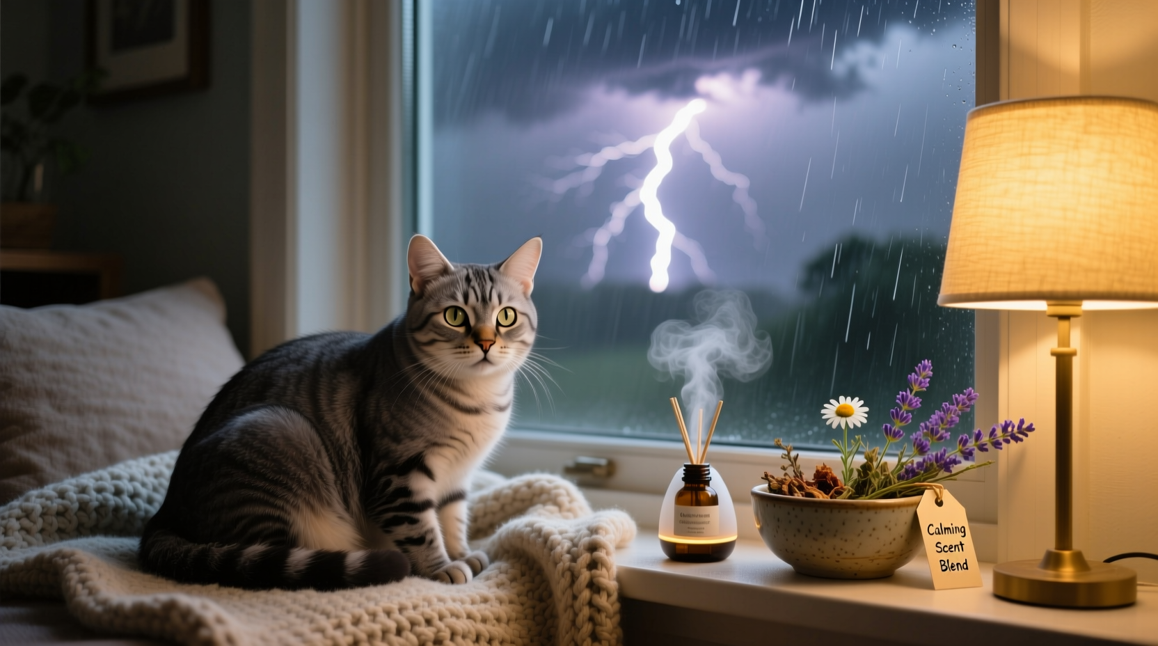 how to calm a nervous cat during thunderstorms using scent therapy