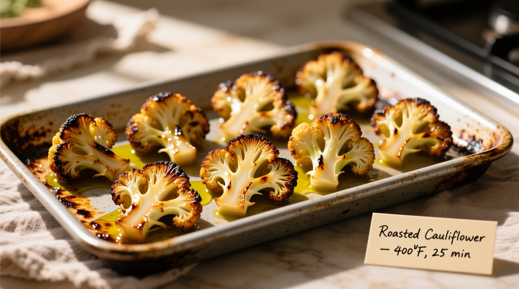 Perfectly roasted cauliflower florets on baking sheet