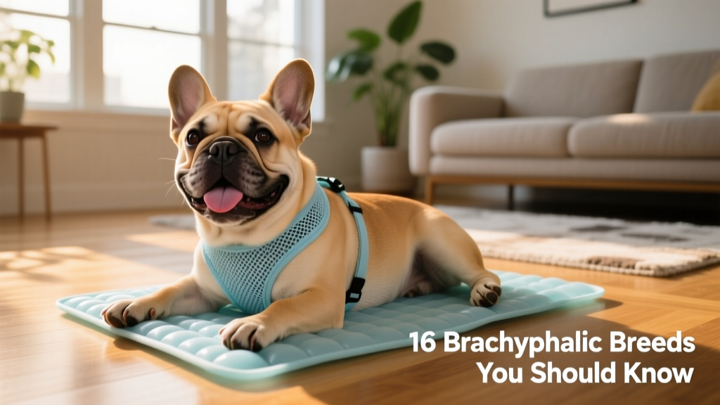 A happy French Bulldog wearing a lightweight harness and resting on a cooling mat indoors