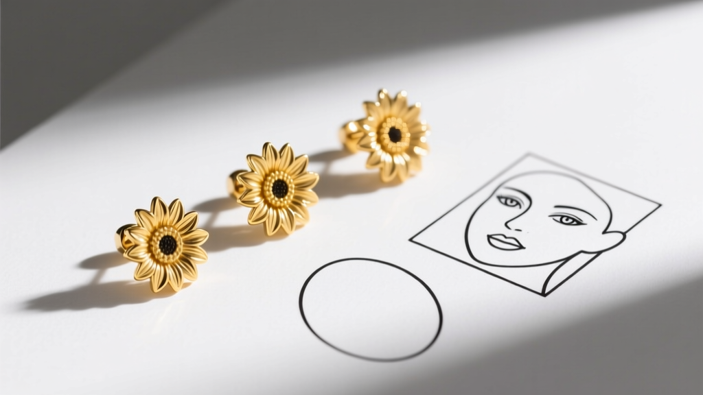 Flat-lay of three gold sunflower stud earrings placed beside minimalist line-art diagrams of oval and square face shape outlines.