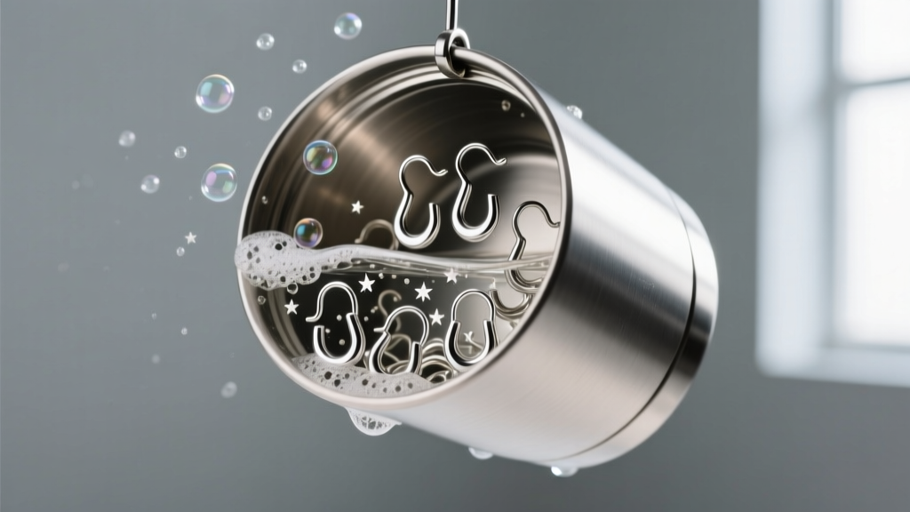 Open rotary tumbler barrel filled with stainless steel shot and freshly formed silver earring hooks submerged in soapy water.