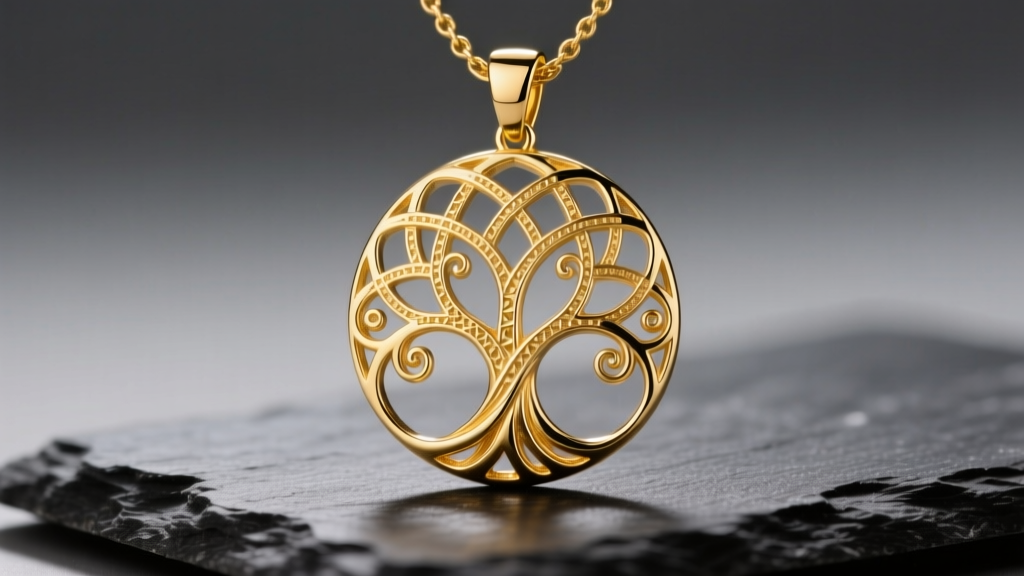 Close-up of an 18k yellow gold tree of life pendant with intricate filigree branches resting on dark slate under soft studio lighting.
