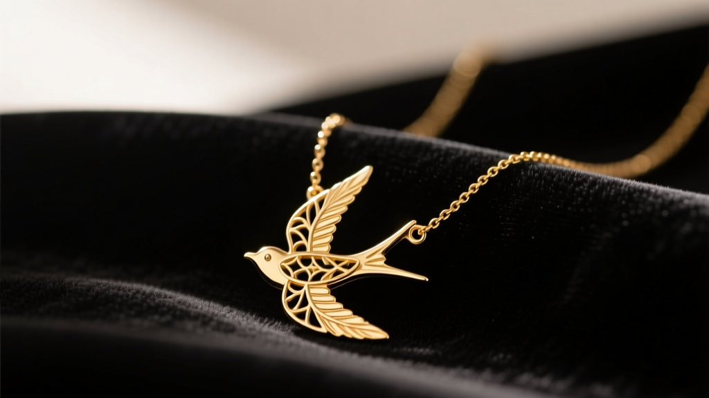 Close-up of a detailed gold swallow pendant necklace resting on dark velvet cloth, illuminated by soft warm directional lighting