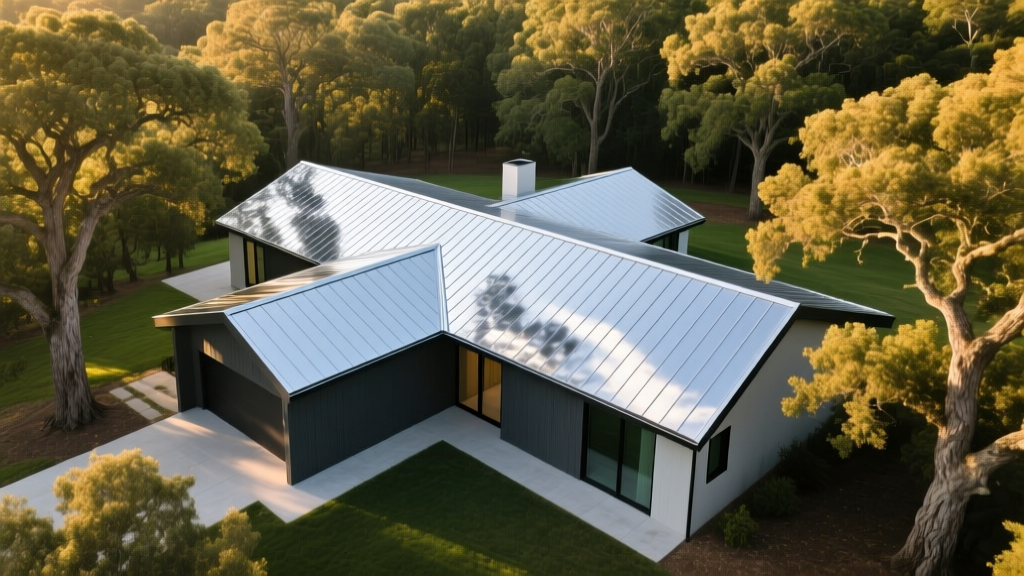 Aerial view of a modern residential home featuring a reflective Galvalume standing seam steel roof surrounded by mature oak trees