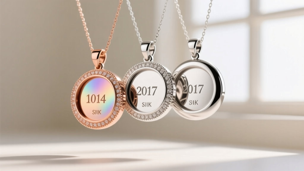 Three overlapping birthdate pendants in rose gold, sterling silver, and platinum, showing distinct metallic lusters and hallmarks.