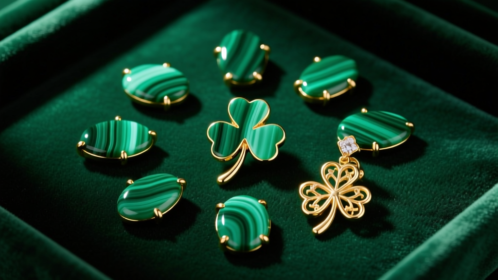 Flat lay of green malachite studs and gold shamrock dangles on dark emerald velvet background with soft studio lighting