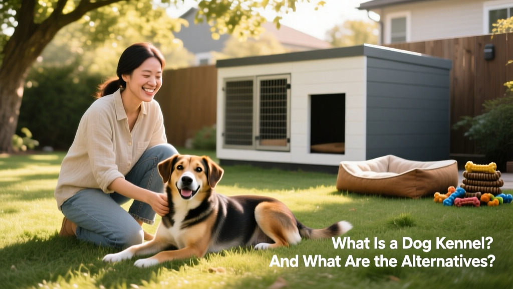 A smiling pet sitter kneeling beside a happy, relaxed dog in a sunlit backyard