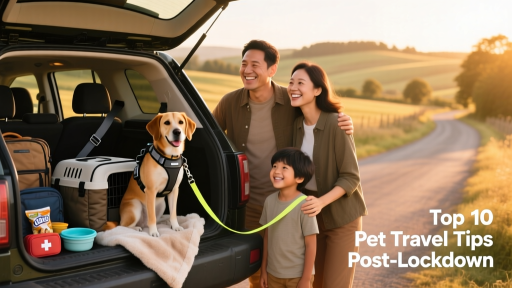 A happy family smiling beside their car with two dogs safely secured inside—one in a crate, one in a harness—ready for a road trip