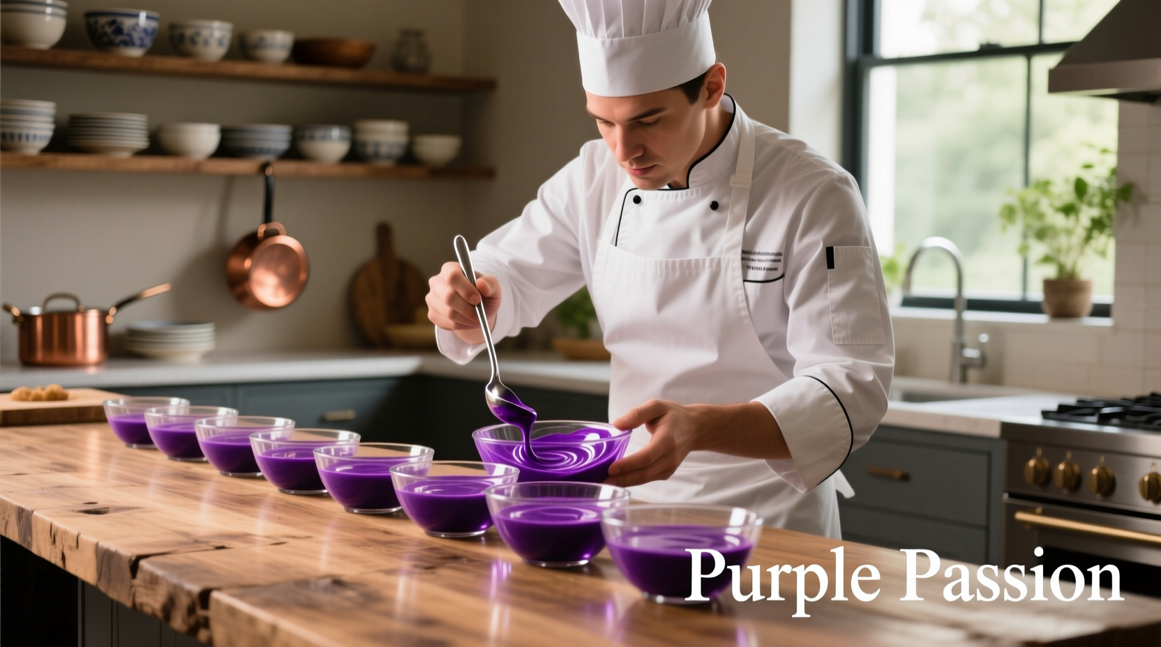 Chef mixing purple food coloring in small bowls