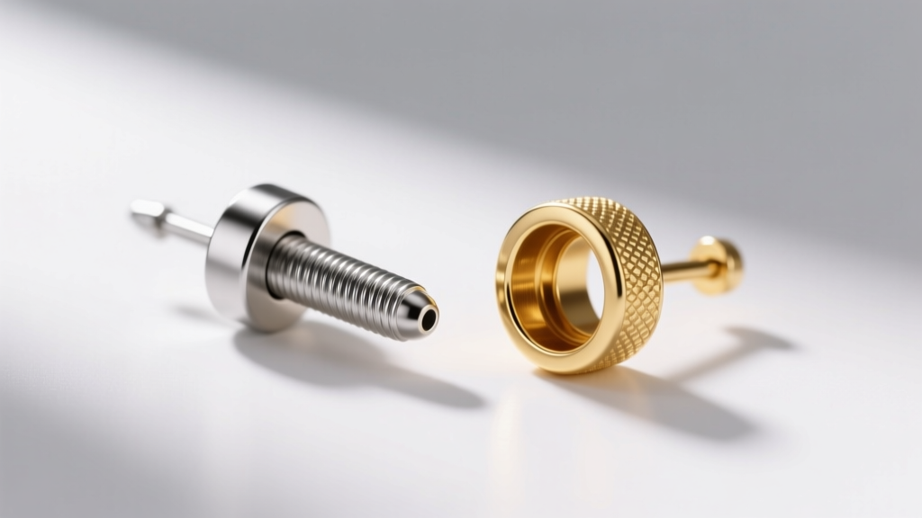 Macro shot of 18-gauge internally threaded titanium infant earring post beside a 14k gold alternative on a clean studio surface.
