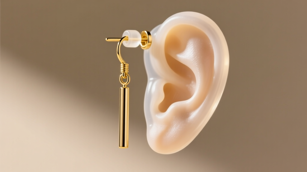 Close-up of a gold dangly earring hanging from a silicone earlobe mold, highlighting the post thickness and jump ring connection