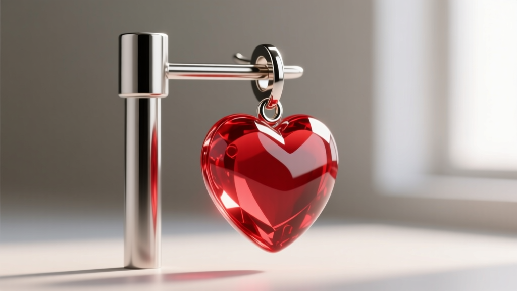 Macro view of a titanium post holding a translucent resin red heart earring, highlighting a smooth, bubble-free glossy surface.