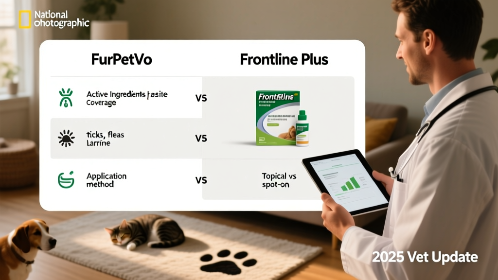 Side-by-side comparison chart showing active ingredients, parasite coverage, and application method for FurPetVo and Frontline Plus
