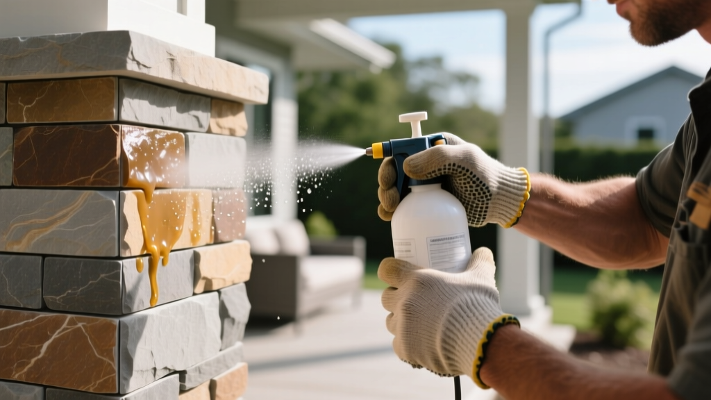 Close-up of a craftsman applying a breathable siloxane sealer to the base of a stacked stone veneer porch column using a pump sprayer