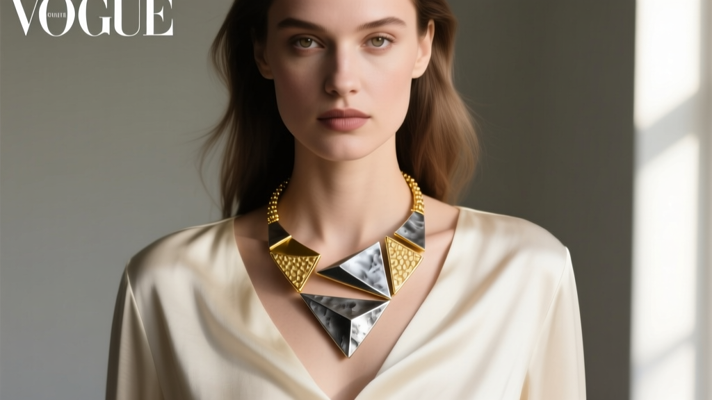 Editorial shot of a woman wearing a sculptural 18k gold and oxidized silver asymmetrical collar necklace over a cream silk blouse
