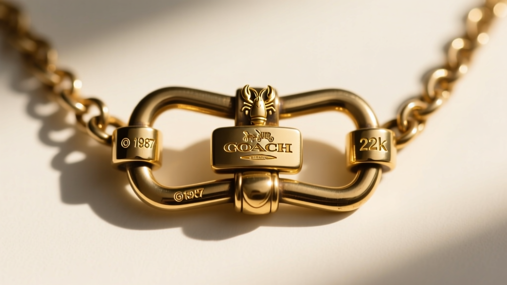 Macro photo of a vintage Coach necklace lobster clasp showing the engraved copyright stamp and 22k gold electroplate markings.