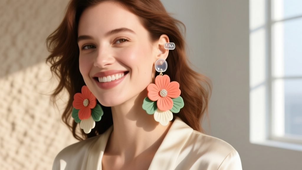 Woman wearing heavy Zara floral earrings with clear silicone support patches behind her earlobe, smiling in natural light.