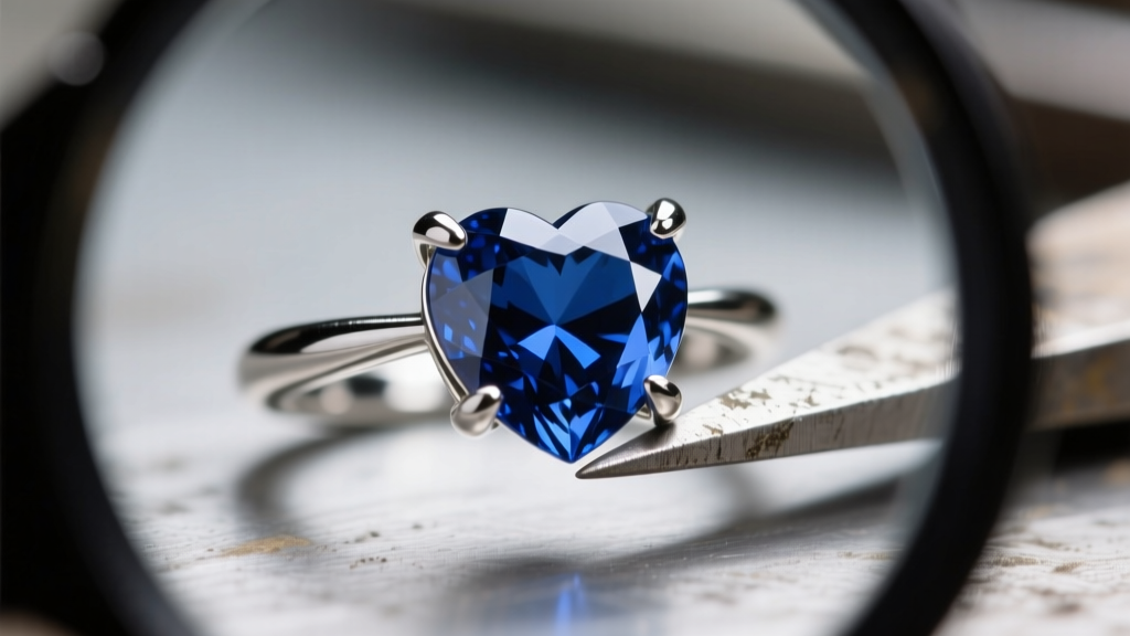 Jeweler loupe view of a platinum prong setting securing a sapphire heart stone, showing minor metal wear on the tip of one prong.