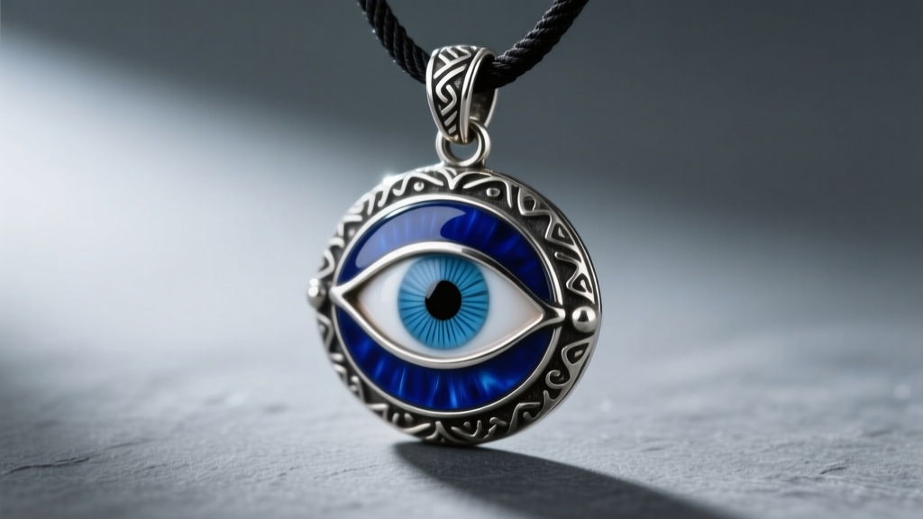 Macro shot of an evil eye talisman pendant with blue vitreous enamel set in oxidized sterling silver on a dark slate background.