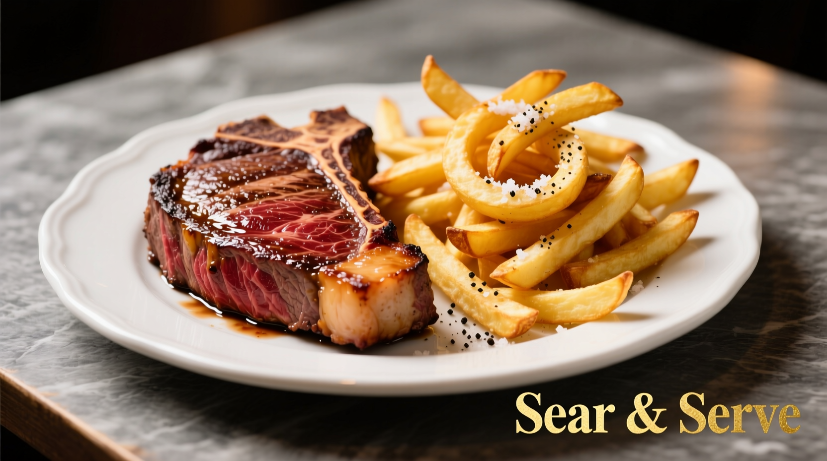 Perfectly cooked ribeye steak with golden potato fries