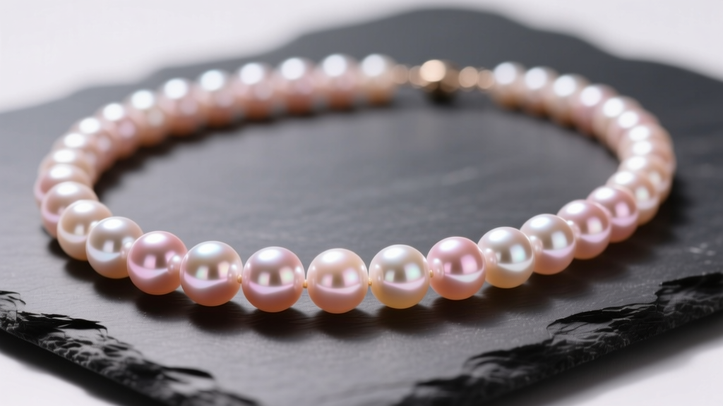 Macro shot of a graduated Akoya pearl necklace on dark slate, highlighting sharp mirror-like luster and subtle rose overtones
