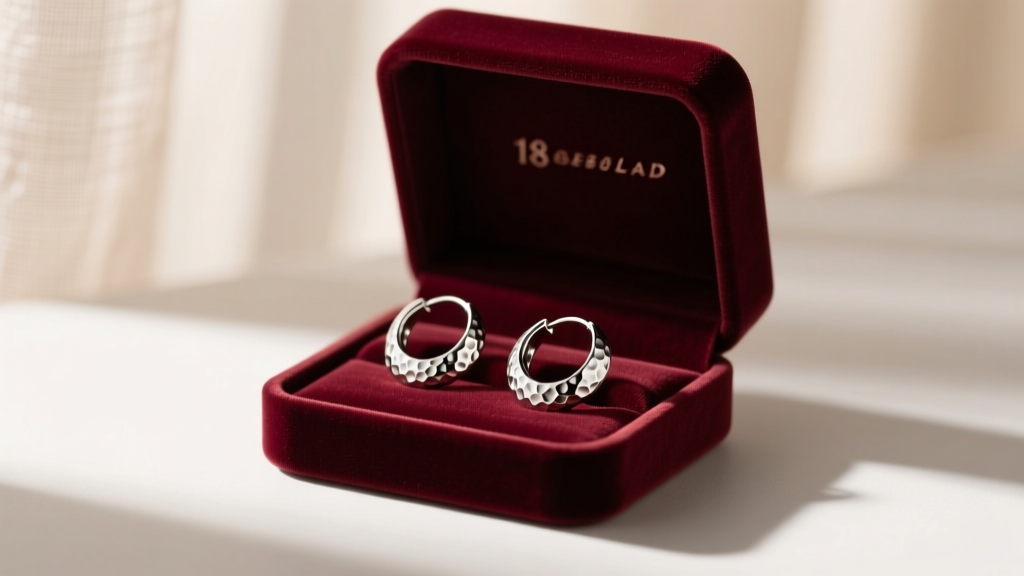 Velvet gift box revealing 18-gauge sterling silver hammered hoop earrings, warm lighting highlighting the textured metal surface
