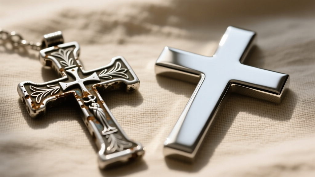 Macro shot of a tarnished sterling silver crusader cross next to a polished stainless steel cross on a neutral linen cloth.