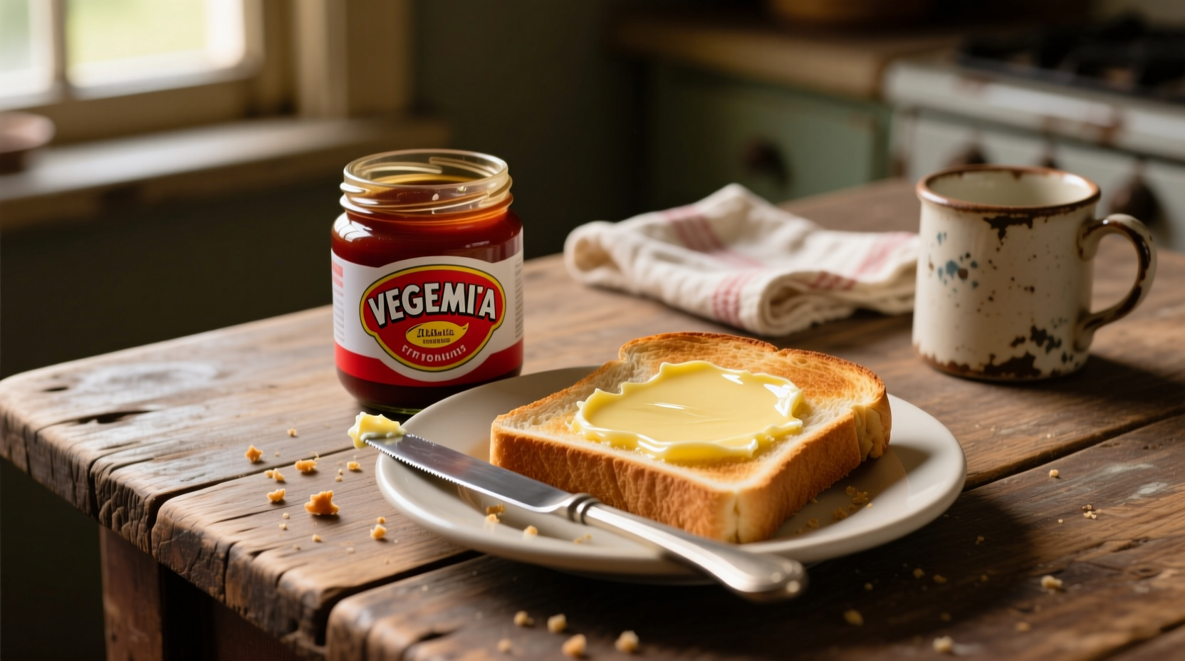 Vegemite jar with toast and butter