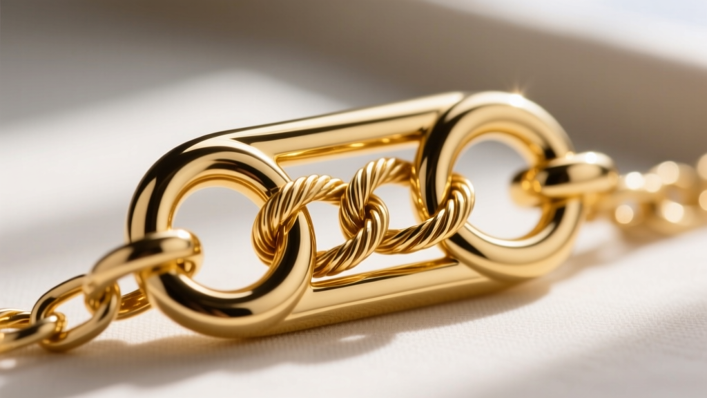 Macro close-up of a 14k yellow gold oversized lobster clasp securing a delicate cable chain, highlighting the spring mechanism.