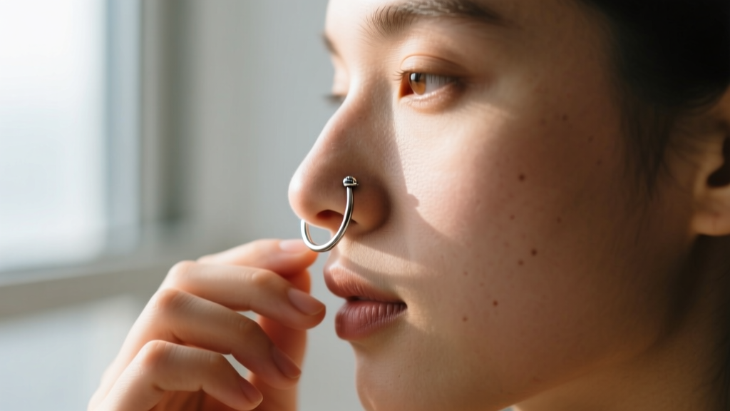 Side profile of a person gently adjusting a small diameter 8mm septum hoop to ensure it sits perfectly flush inside the nostril