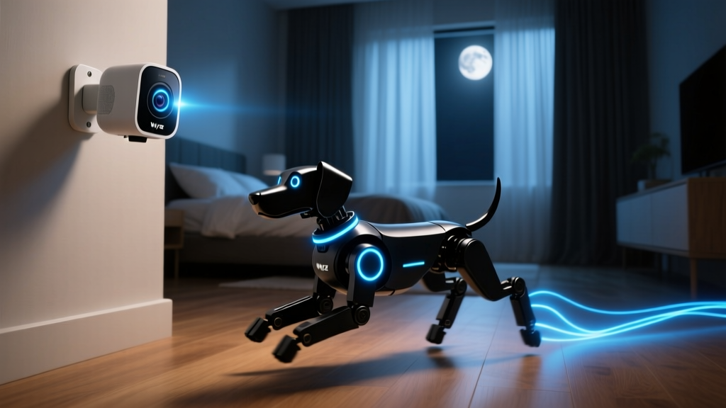 Close-up of a Wyze Cam Pan v3 tracking a moving robotic dog in a dimly lit bedroom using infrared AI edge processing.