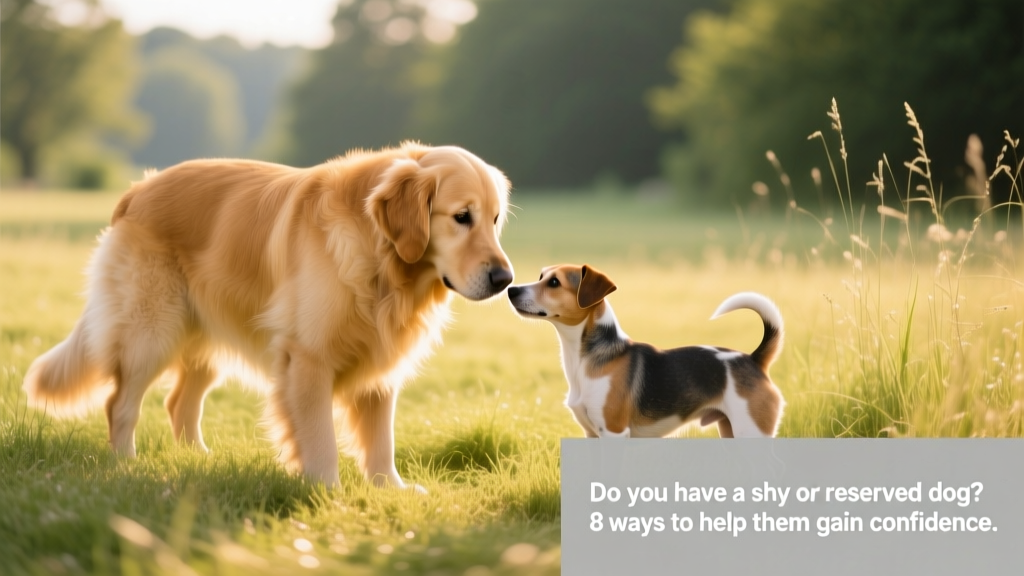 A golden retriever gently nudging a smaller, hesitant terrier-mix toward a sunlit patch of grass during a quiet, supervised outdoor session—both dogs relaxed and focused on each other